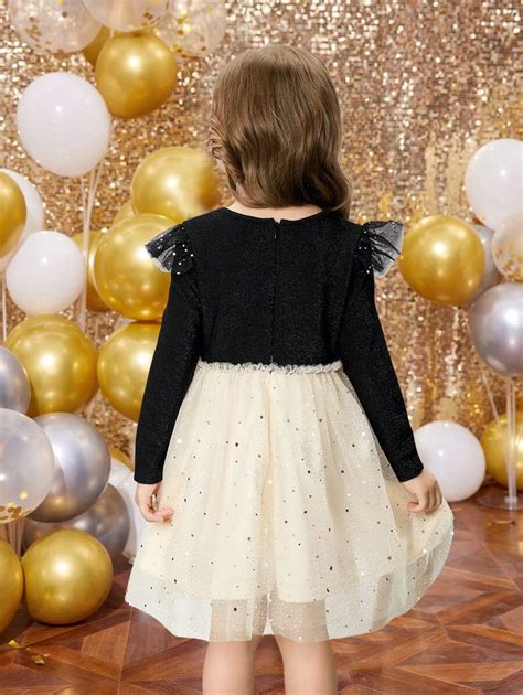 SHEIN Young Girl Black Velvet Splicing Champagne Shimmering Gauze Dress ...