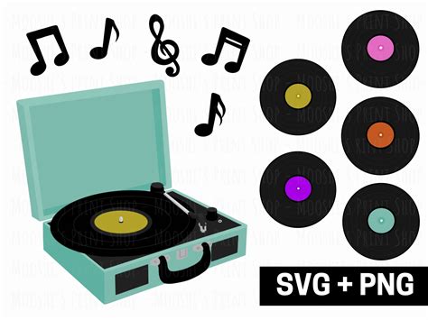 Vinyl Record Player Clipart Bundle, Music Notes Colored Records Turntable, Retro Vintage ...