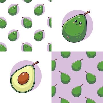 Set of cute kawaii avocado patterns cartoon icon illustration of ...