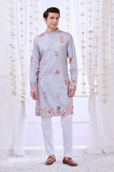 Buy Grey Silk, Cotton Embroidery Nizam Kalamkari Print Kurta Set For ...