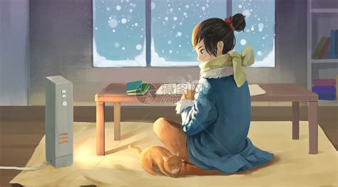 冬天坐在暖器旁的女孩插画图片下载-正版图片400084438-摄图网