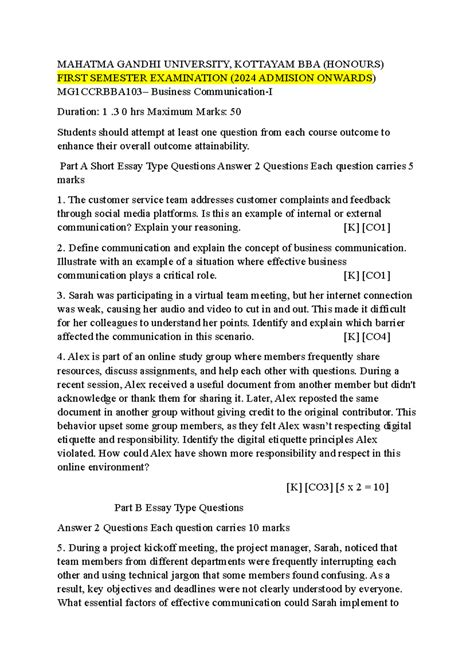 1BBA - Business Communication-I Model Question Paper 2024 - Studocu