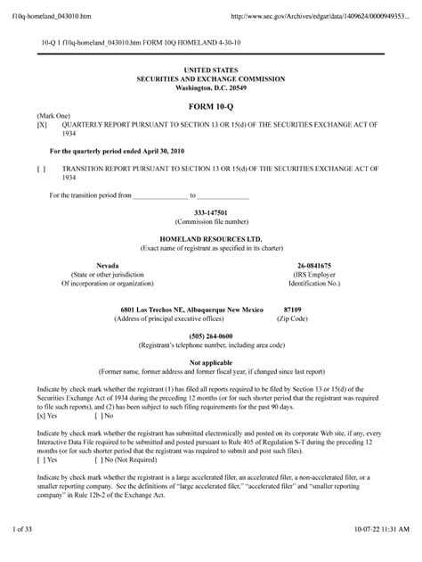 Fillable Online FORM 10-Q HOMELAND 4-30-10 Fax Email Print - pdfFiller