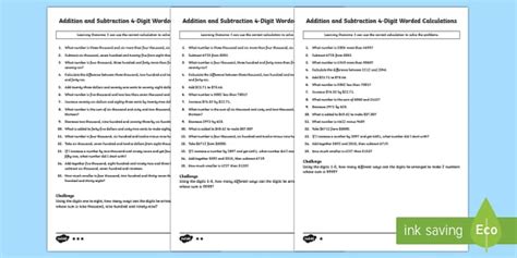 Addition and Subtraction 4 Digit Worded Calculations Worksheet / Worksheets