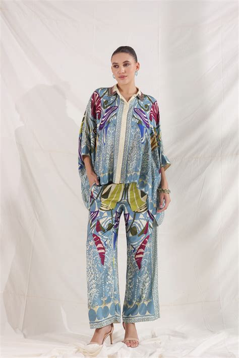 Women Blue Viscose Satin Floral Printed Co-Ord Set – Nyaro