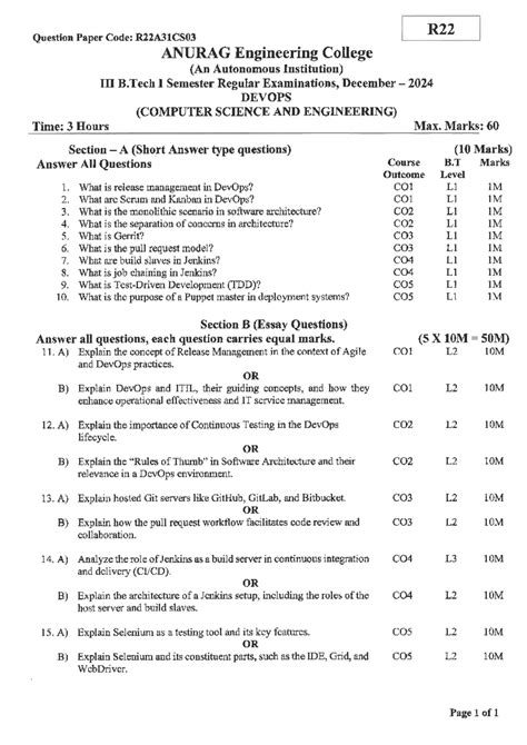 R22A31CS03 Final Exam Question Paper: DevOps CSE Tech I Sem - Studocu