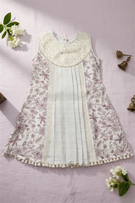 Cream And Lilac Floral Printed Dress with Lace Detailing For Girls ...