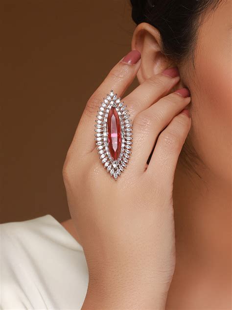 Pink American Diamond Silver-Plated Cocktail Ring – Priyaasi
