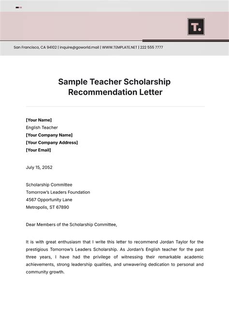 Free Sample Teacher Scholarship Recommendation Letter Template to Edit ...