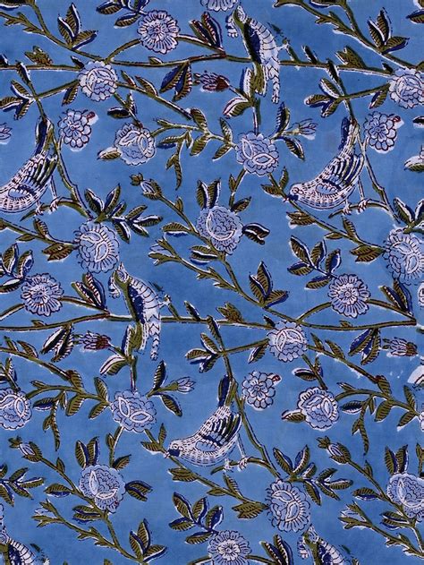 Blue Anokhi Bird Garden Forage Cotton Cambric Sanganeri Rapid Fabric