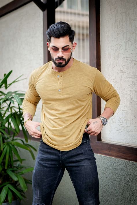 Gritstones Dark Yellow Self Design Henley Neck T-Shirt