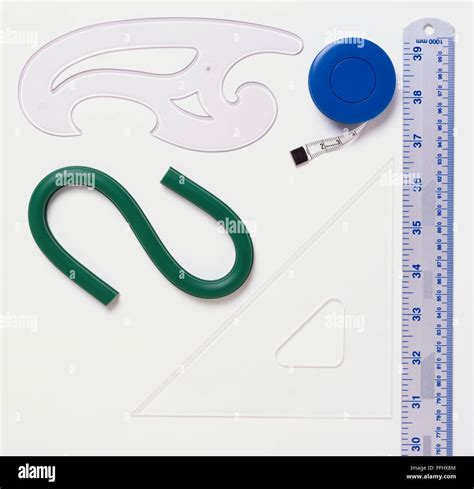 Ruler, retractable tape measure, French curve, flexible curve and set ...