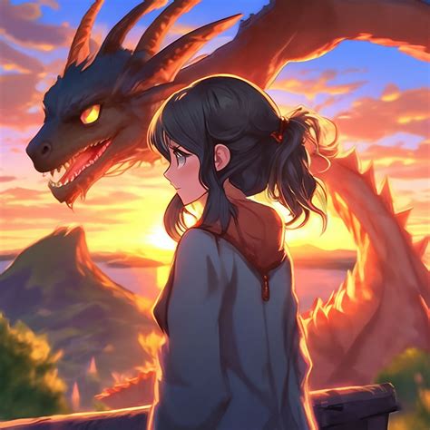 "Make a girl ANIME dragon with dragons from behind, a girl looks at us ...