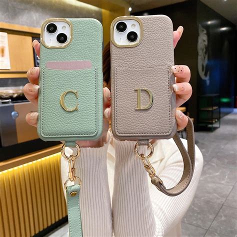 Luxury Card Holder Leather iPhone Strap Case With Custom Initial Name ...