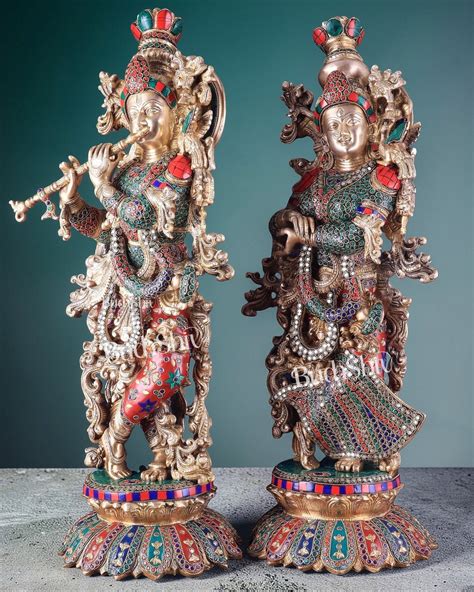 Pure Brass Radha Krishna Statues on lotus base with Intricate Stonewor ...