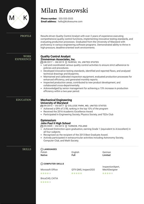 Quality Control Analyst Resume Example | Kickresume
