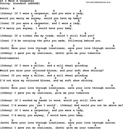 Johnny Cash song: If I Were A Carpenter, lyrics and chords