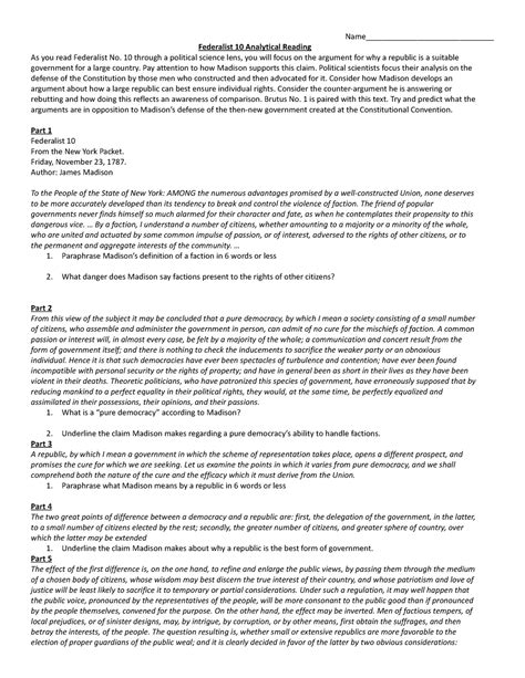 Federalist 10 Brutus 1 Analytical Reading - Name ...