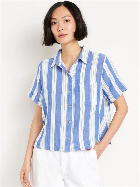 Old Navy Women's Crinkle Gauze Button-Down Striped Shirt Blue Size XL ...