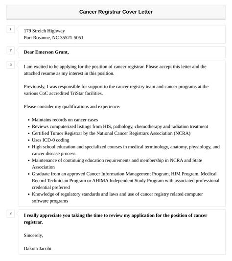 Cancer Registrar Cover Letter | Velvet Jobs