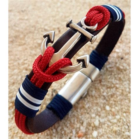 PULSERA YACHT NAVAL, pulsera con cuero, cabo náutico rojo y bandera ...