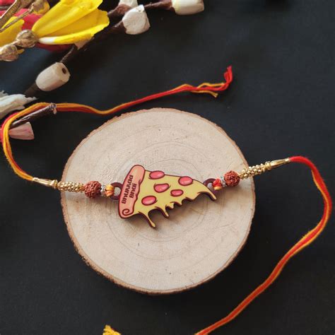 Bhukkad Bhai Pizza Wooden Rakhi with Rudraksha | Food Rakhi for Brothe ...
