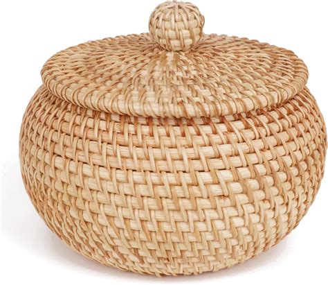 Amazon.com: Round Rattan Basket Box with Lid Hand-Woven Wicker Basket ...