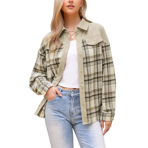 Corduroy Jacket for Women's Flannel Shacket Plaid Button Down Shirts ...