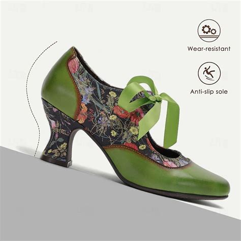 Women's Green Leather Mary Jane Heels with Floral Print, Ribbon Ties ...