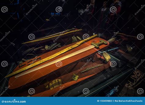 Borg - June 15, 2018: Viking Age Weapons in the Lofotr Viking Museum at ...