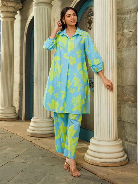 Ivory Printed Cotton Slub Kurta with Pants- Set of 2
