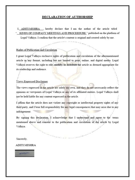 Image result for Author Declaration Example