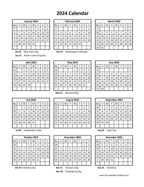 Yearly printable calendar 2024 with holidays | Free-calendar-template.com