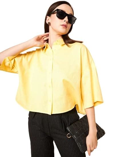Buy HIGH STAR Women Yellow Solid Boxy Fit Crop Shirt (Yellow, S) at ...