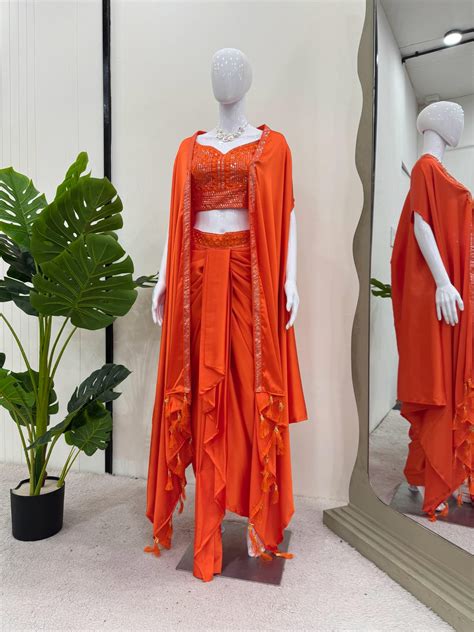 Orange Color Satin Silk Dhoti Style Ready to Wear Suit With Shrug ...