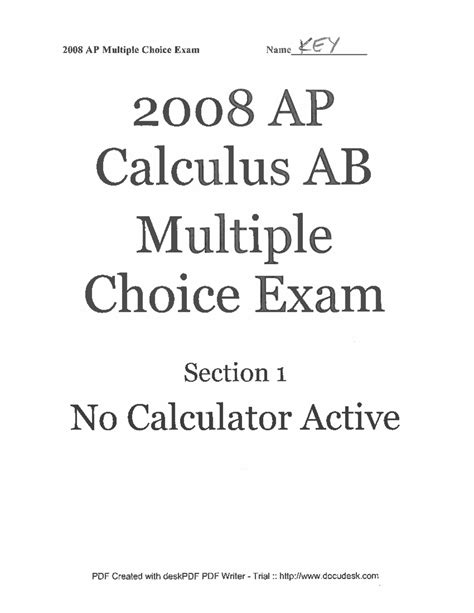 2008 +AP+Calculus+AB+Multiple+Choice+KEY - Studocu