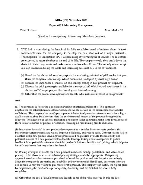 Solve 6105 Marketing Management- Mbaft - MBA (FT) November 2021 Paper ...
