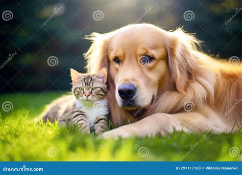 Two Best Friends: Dog and Cat on the Green Field Stock Illustration ...