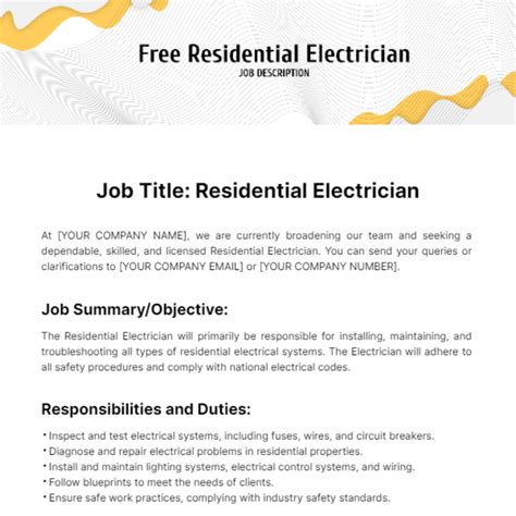 Free Residential Electrician Job Description Template to Edit Online