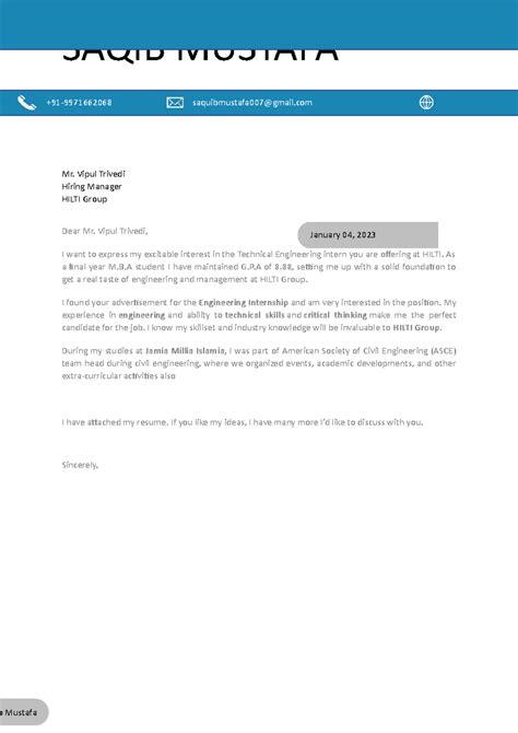 Modern Cover Letter Template 1 - SAQIB MUSTAFA Mr. Vipul Trivedi Hiring ...