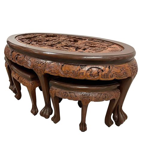Mid-20th Century Chinese Massive Oval Carved Coffee Table With 6 ...