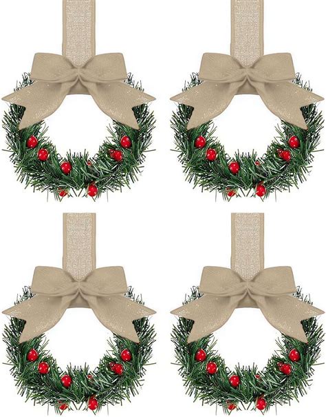 4-Pack Christmas Cabinet Wreaths with Ribbon and Bow,Small Wreaths for ...