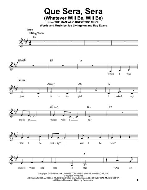 Que Sera, Sera (Whatever Will Be, Will Be) by Doris Day Sheet Music for ...