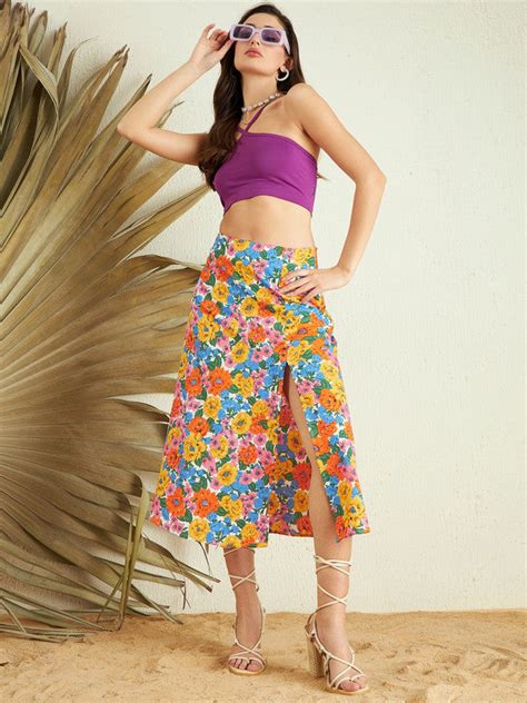 Women Multicolour Floral Printed Crepe Thigh-High Slit Flared A-Line ...