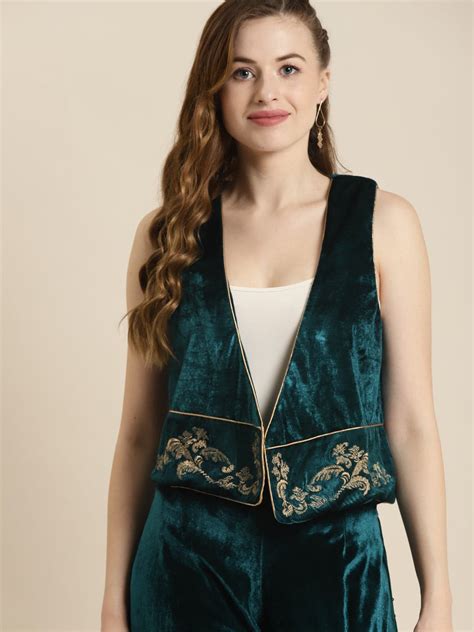 Buy Teal Embroidered Velvet Waistcoat Online At Best Price - Sassafras.in