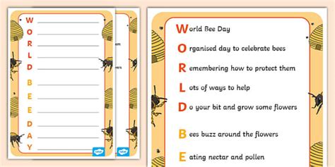 World Bee Day Acrostic Poem Example and Template - Twinkl