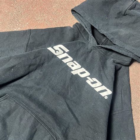 Black vintage faded Snap On hoodie with white logo... | Depop