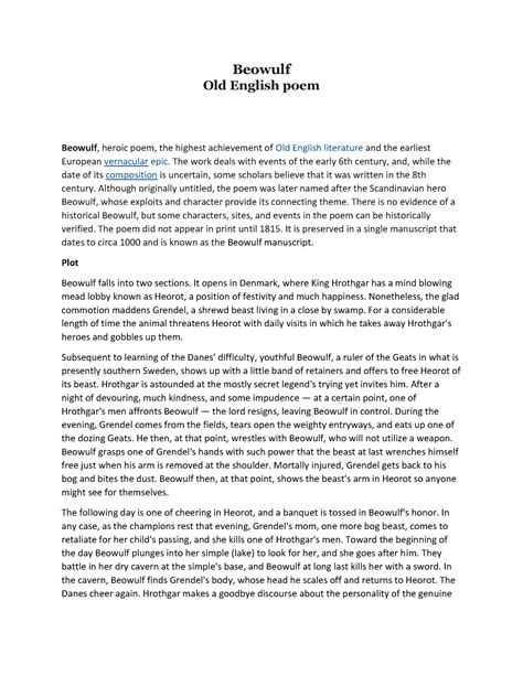 Beowulf Summary - Shakespeare - Beowulf Old English poem Beowulf ...