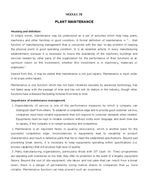 PLM 301 - Detailed Study Notes on Plant Maintenance Methods - Studocu