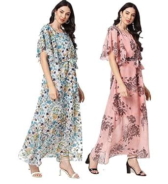 Buy My Swag Women's Blue,Pink Floral Print Round Neck Maxi/Full Length ...